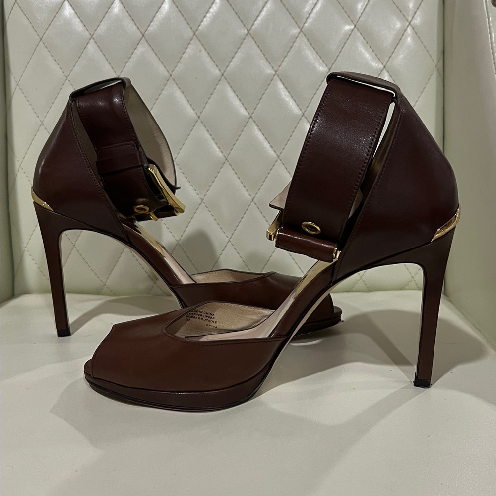 Michael Kors Calder Brown Leather Peep-Toe Heels 
with Ankle Strap